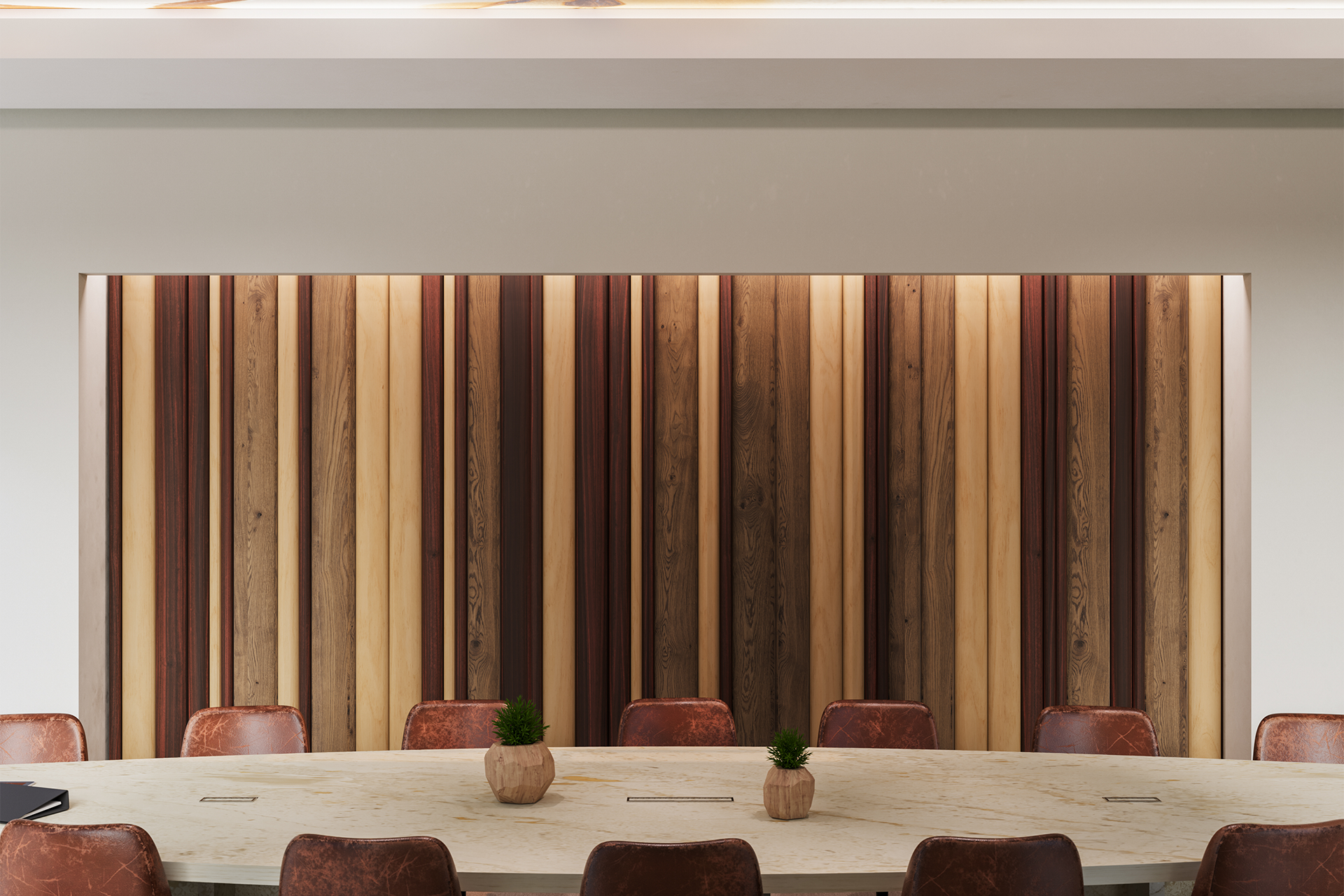 A modern conference room with a large oval table surrounded by brown leather chairs and small potted plants. The back wall features vertical acoustic felt wooden panels in various natural tones.