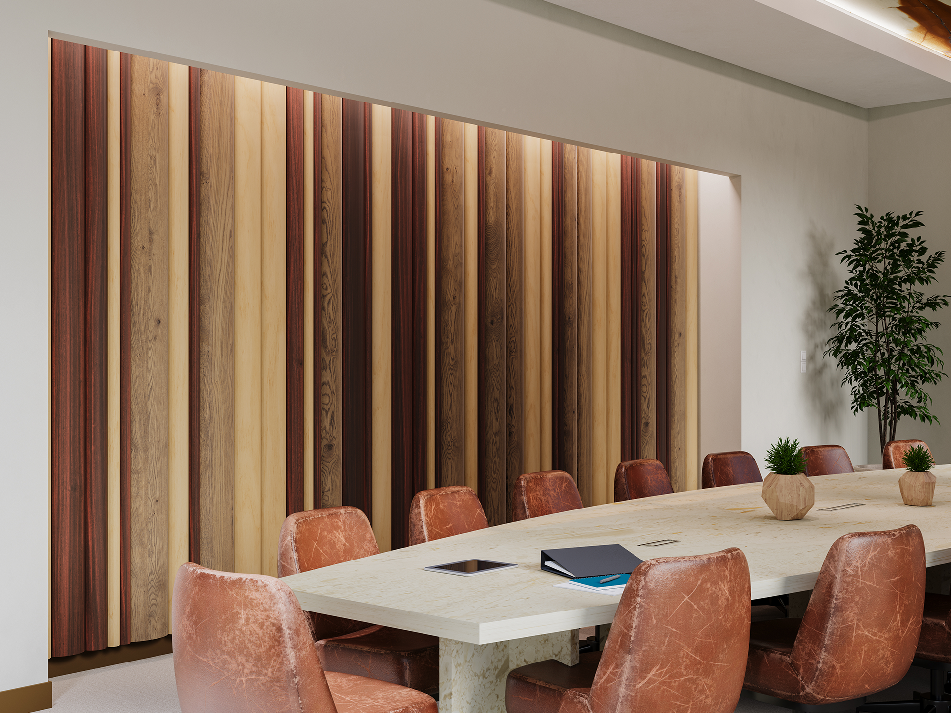 Modern conference room with a long light-colored table, brown leather chairs, potted plants, and a wall decorated with vertical acoustic felt wooden panels in various shades. Notebooks and a tablet are on the table.