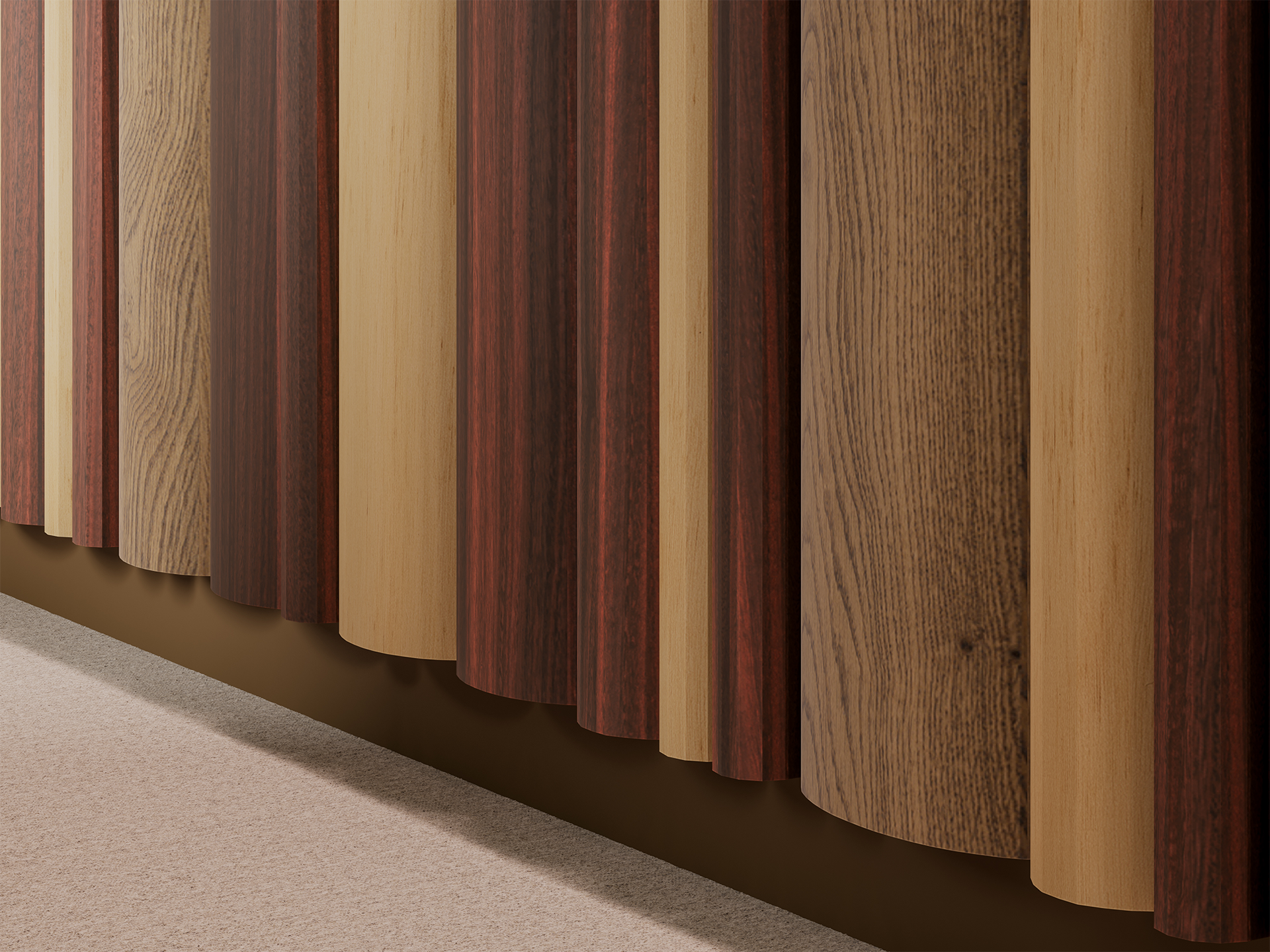 Vertical acoustic felt panels with alternating wood tones, including light, medium, and dark shades, form a textured wall design above a light-colored carpeted floor.