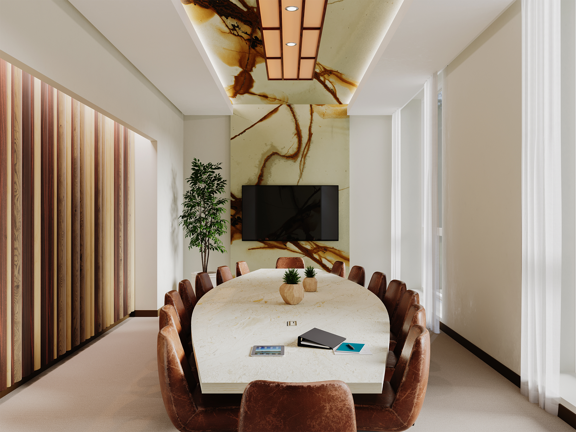 Modern conference room with a large marble table surrounded by brown chairs, a TV on the wall, a potted plant, notebooks, and pens on the table, and decorative ceiling and acoustic felt wall accents. Natural light fills the space.