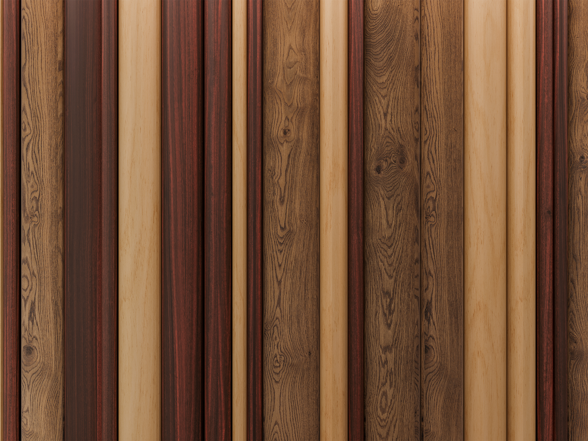 Vertical wooden acoustic felt panels in alternating shades of light, medium, and dark brown, featuring visible wood grain patterns and a smooth, polished finish.